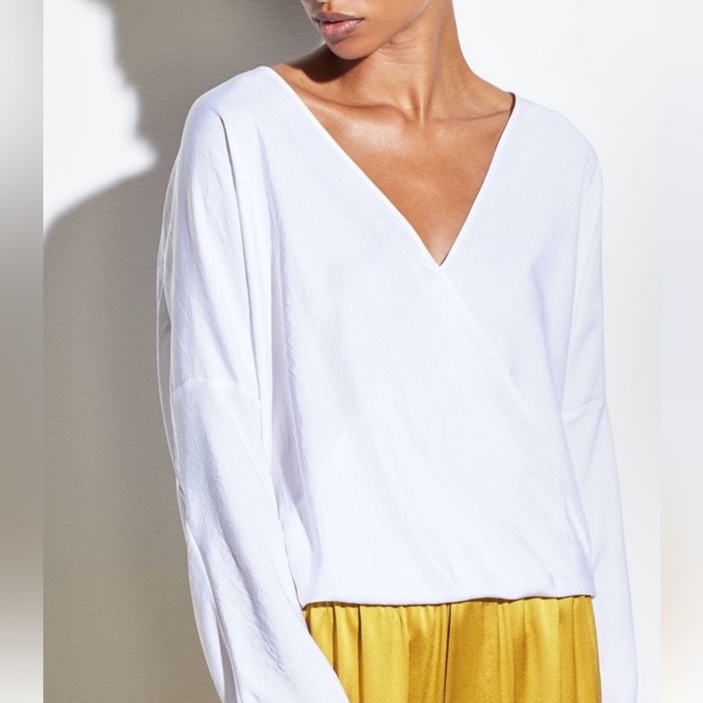 Vince White Silky 100% Triacetate V-Neck Wrap-Front Long Sleeve Top
